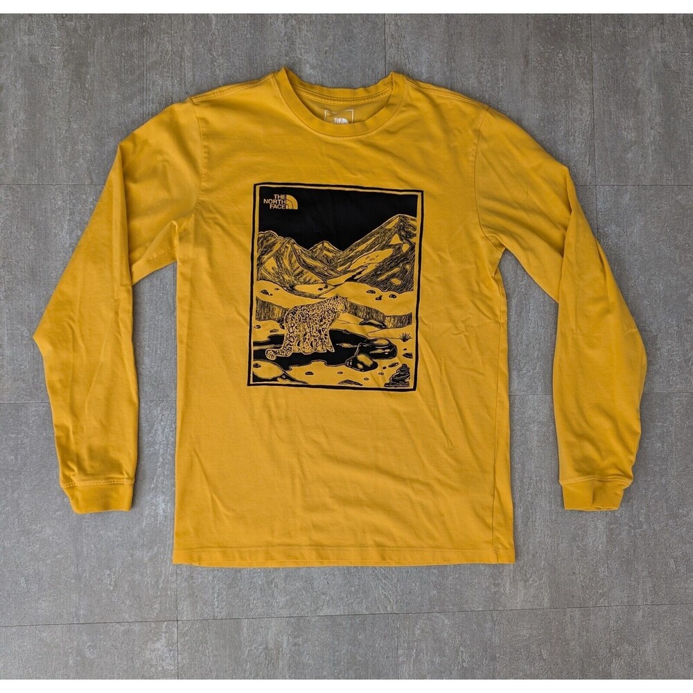The North Face Shirt Mens Small Yellow Black Logo Long Sleeve Leopard